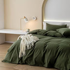JIYUAN 100% Washed Cotton Duvet Cover Set 3 Pieces Super King, 1 Duvet Cover 108x98 Inches(Comforter Not Included) and 2 Pillowcases,Linen Feel Bedding Set Comfy and Breathable,Olive Green