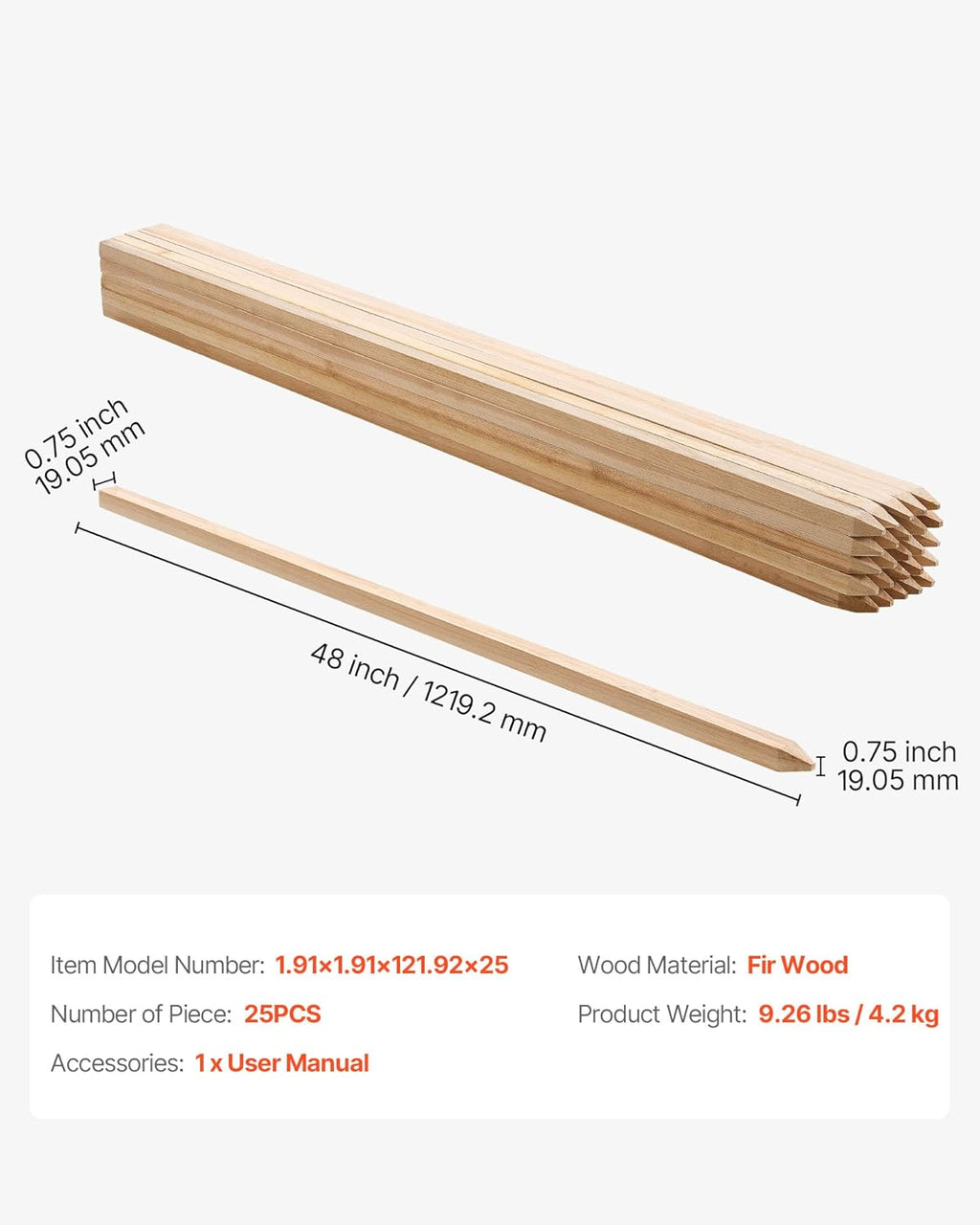 VEVOR Wooden Garden Stakes, 25 Pcs 48x0.75x0.75 in Survey Grading Stakes, Garden Ground Stake with Sharp Point, Fir Wood Plant Support Stake, Sign Posts for Silt Fence Backyard Boundaries Baselines