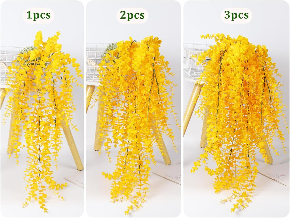 RECUTMS Aritificial Hanging Plant 3 Pack Fake Eucalyptus Leaves Faux Yellow Vine Plant Hanging for Indoor Home Room Wall Outdoor Garden Party Proch Wedding Backyard Arch Decoration(Pure Yellow)