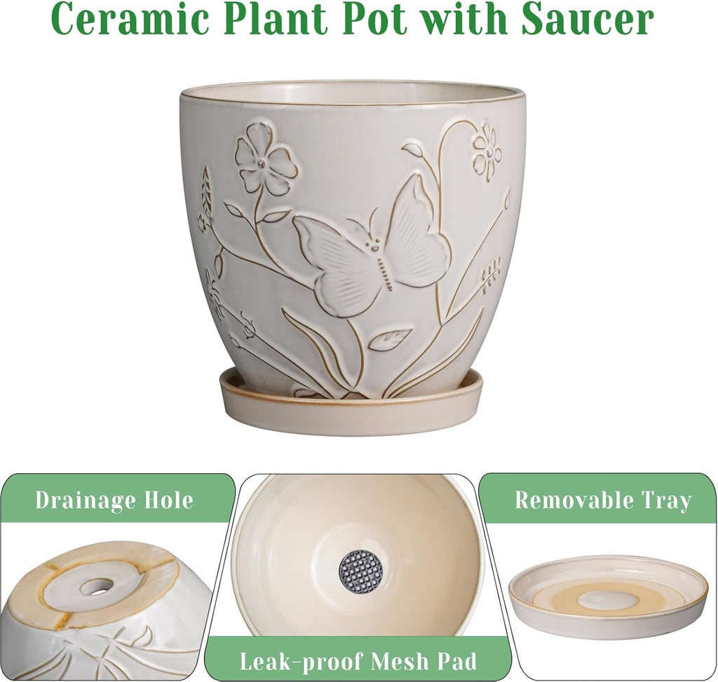 10 Inch Plant Pot Ceramic Planter Pot with Drainage Hole and Saucer Round Planter Large Flower Pot for Indoor Outdoor Plants Home Garden Decor White