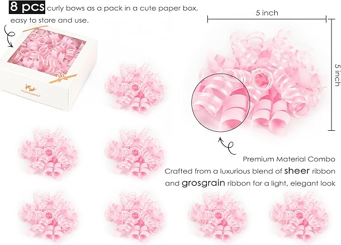 HUIHUANG Pink Gift Bows Self-Adhesive Curly Ribbon Bow 5 inch x 8 Counts Light Pink Bow for Gift Wrapping, Presents, Paper Bag, Baby Shower Favors, Wrapping Accessories, Party Decor
