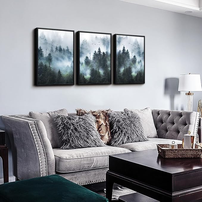 Large size Black Framed Wall Art For Living Room Wall Decorations For Bedroom Office Wall Decor Foggy Forest Paintings Trees Landscape Wall Pictures Prints Artwork Home Decor of 3 Piece Framed Art