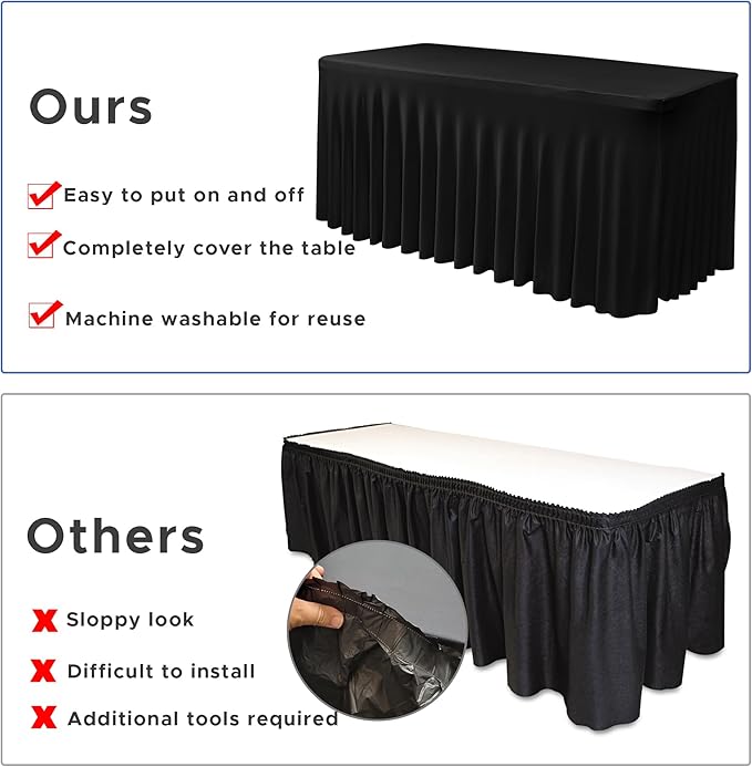 Nasitos Black Table Skirt for 8 Foot Rectangle Tables, 2 Pack - 96 x 30 Inch - Stretch Spandex Fitted Table Clothes, Fabric Table Covers Cocktail Tablecloths for Party, Banquet, Birthday