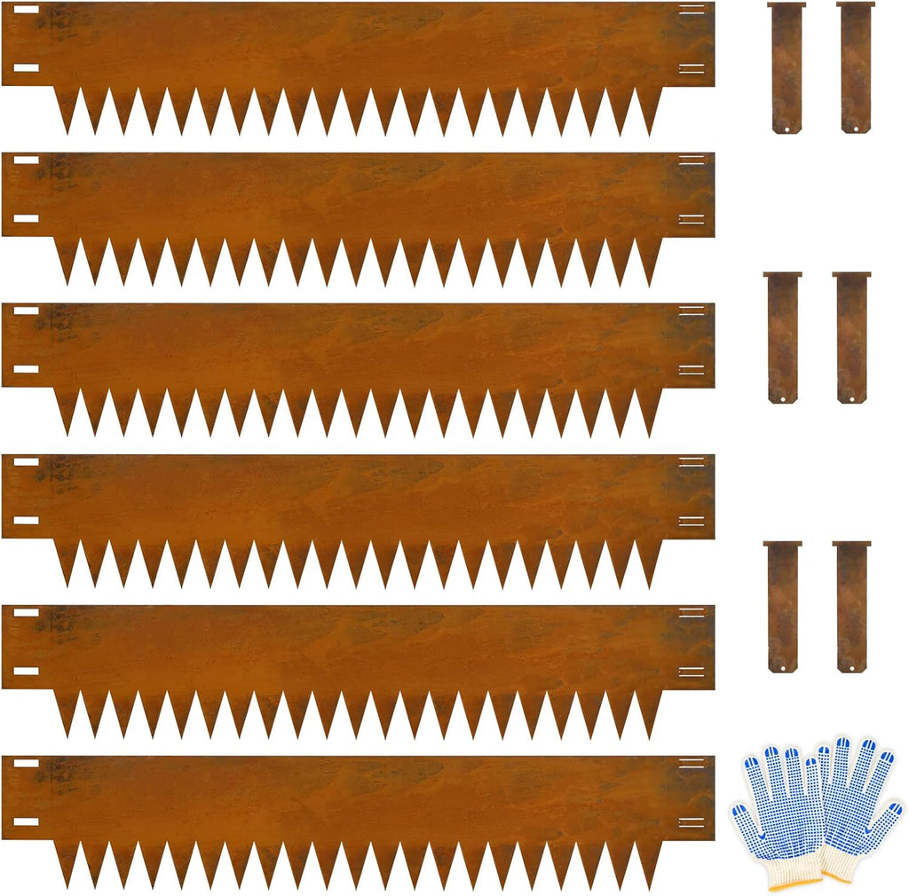 Co rten Steel Landscape Edging 12 Inch Tall 6 Packs, Pre-Rusted Metal Garden Edging, Hammer in Landscape Edging with 6 Clips and a Pair of Gloves, Steel Edging for Landscaping, Lawn Rusty