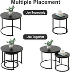 aboxoo Round Nesting Coffee Table Side Set of 2 End Tables for Living Room Bedroom Balcony,Black Faux Marble Wooden Table 23.6IN Accent Large Coffee Table with Steel Frame