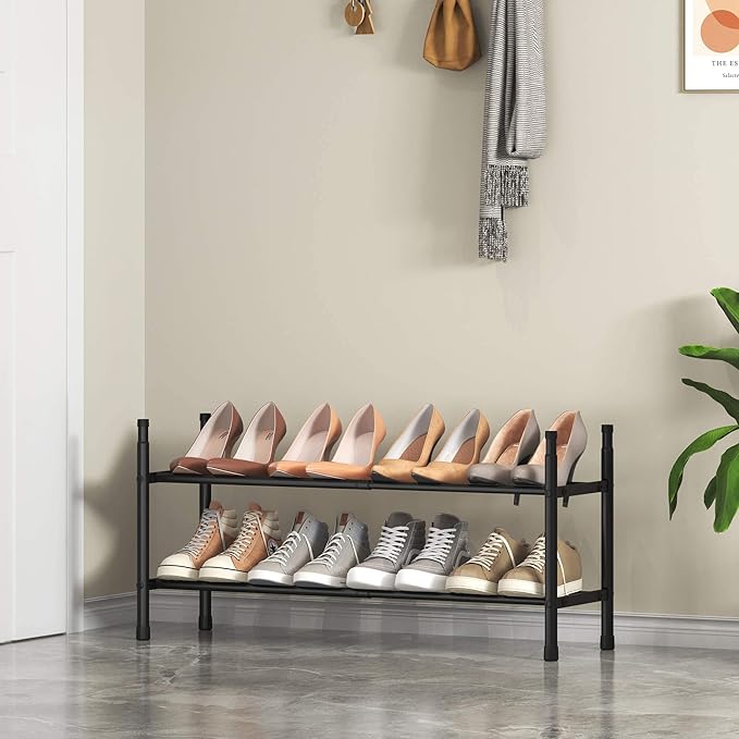 TZAMLI 2-Tier Shoe Rack for Closet, Expandable and Stackable Shoe Organizer Adjustable Metal Shoe Storage Small Shoe Shelf for Entryway Entrance, Black