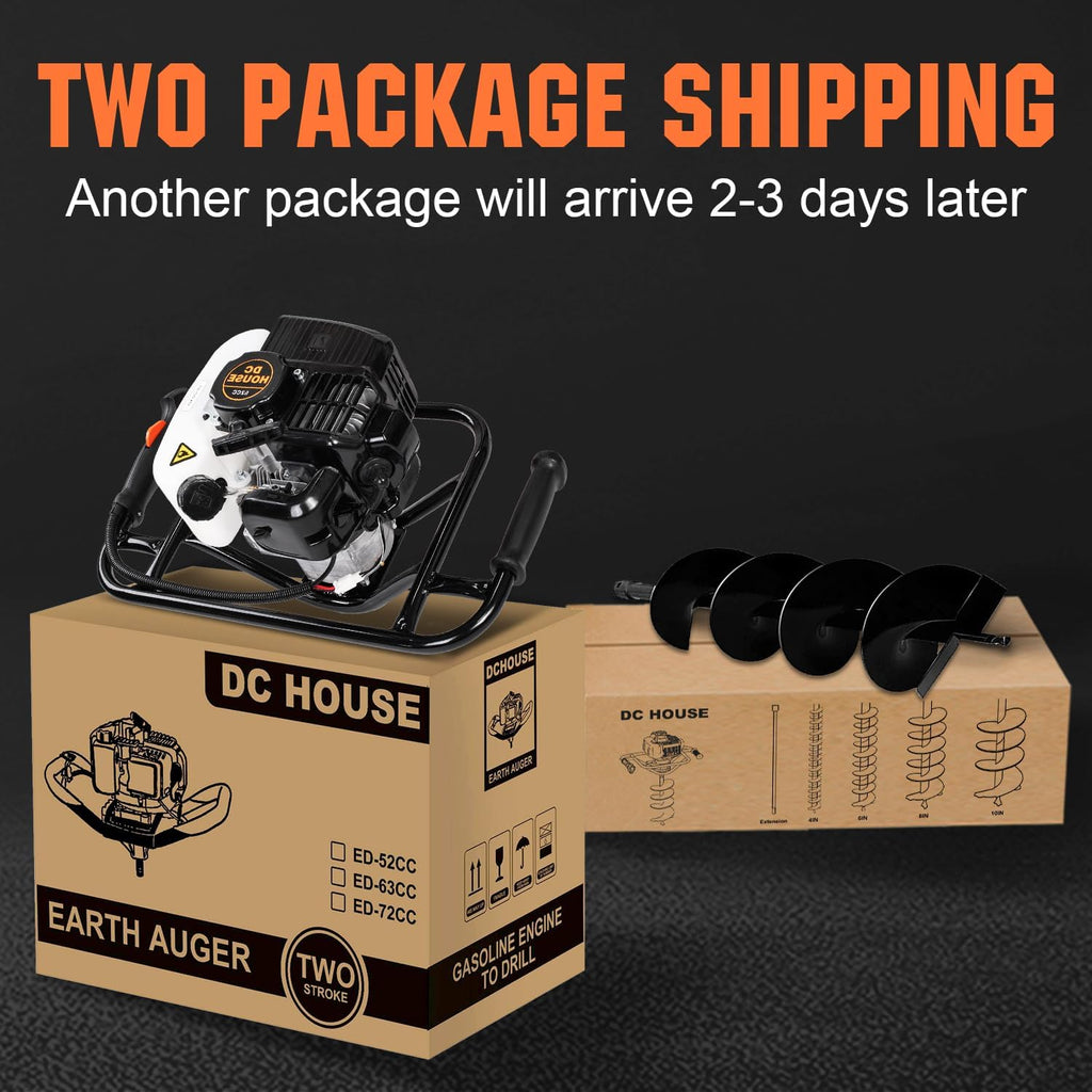 DC HOUSE 52cc 1800W Gas Powered Earth Auger EPA Certified Post Hole Digger, with 3 Drill Bits 4" 6" 8" and 3 Extension Rods 8" 12" 20", Mixing Ratio 30:1, for Fence, Farmland and Garden
