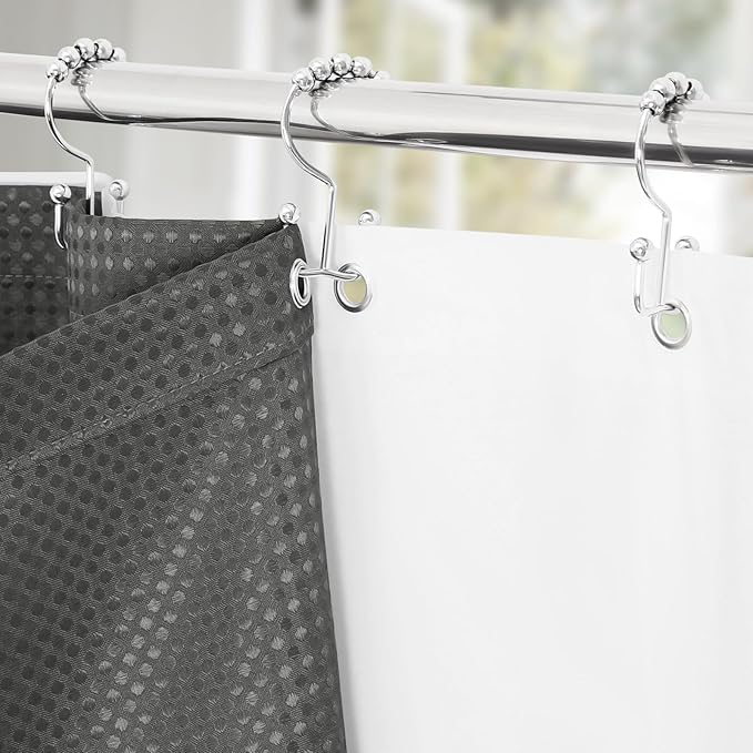 3 in 1 Extra Long Charcoal Grey Shower Curtain Set-72 W x 84 H, Modern Waffle and PEVA Liner Set with 12 Stainless Steel Hooks, Waterproof Fabric for Bathroom