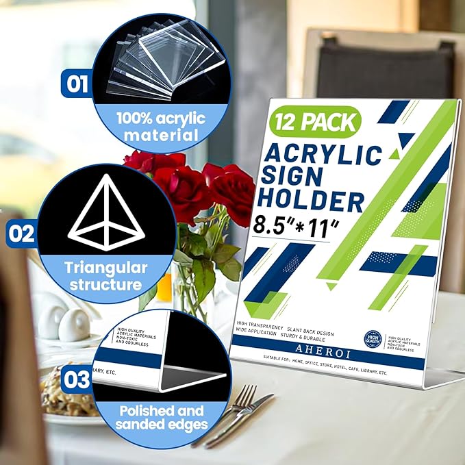 Aheroi 12 PCS Acrylic Sign Display Stands - 8.5 x 11, Clear Plastic Sign Holders for Paper Displays, Home Office Supplies