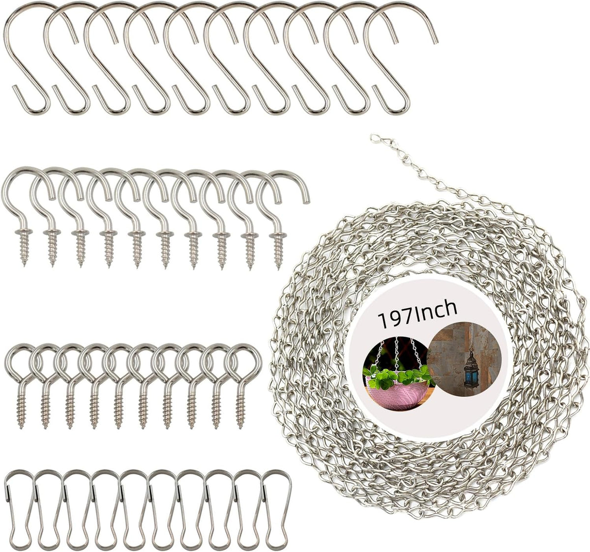 YINGFENG 197 Inch DIY Silver Hanging Basket Chains, Adjustable Length, Decorative Metal Chain with Hooks for Hanging Bird Feeders, Planters, Ornaments