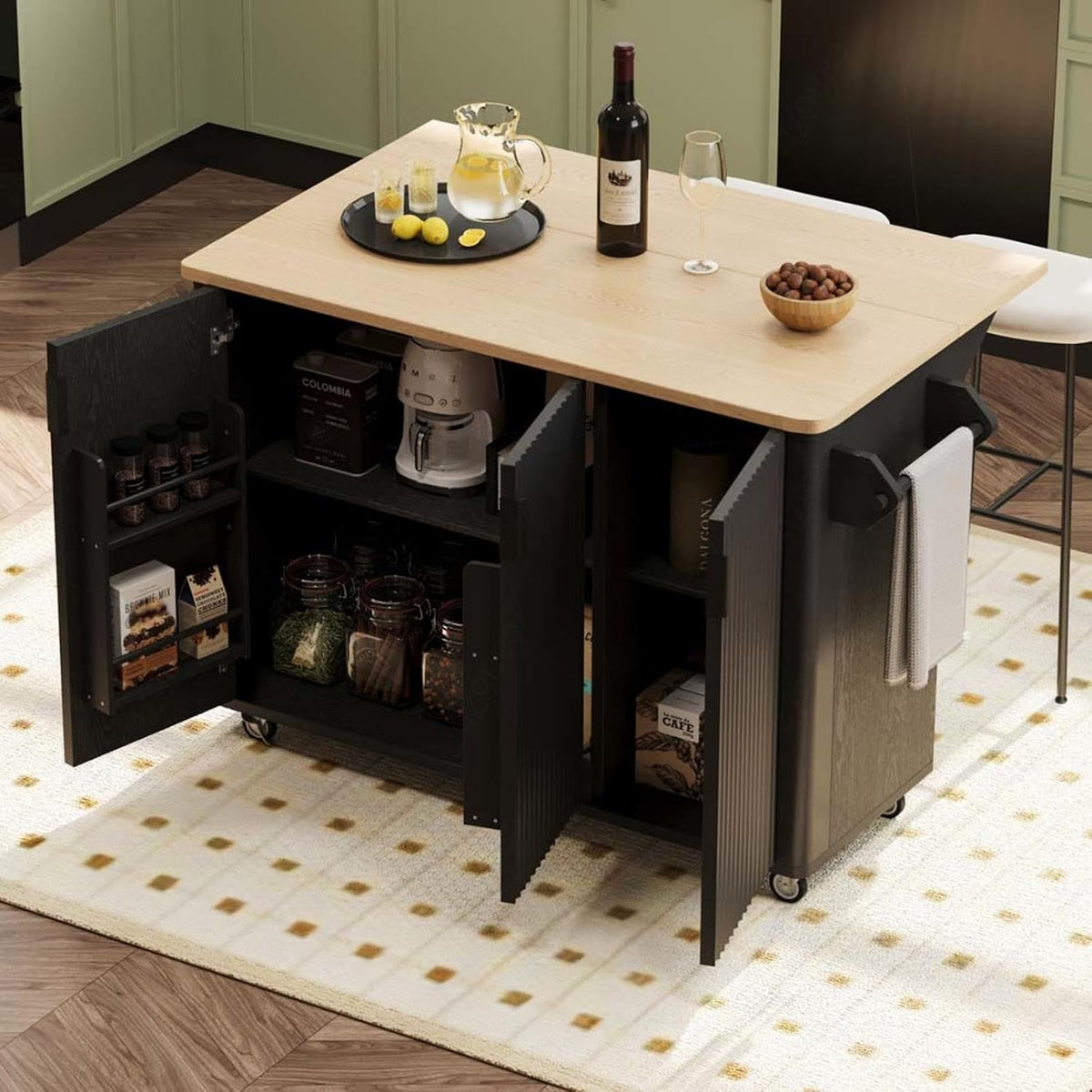 Movable Kitchen Island with Drop Leaf Height-Adjustable Shelves, Black Kitchen Island with Wheels Towel Rack， for Kitchen, Dining Room, Black