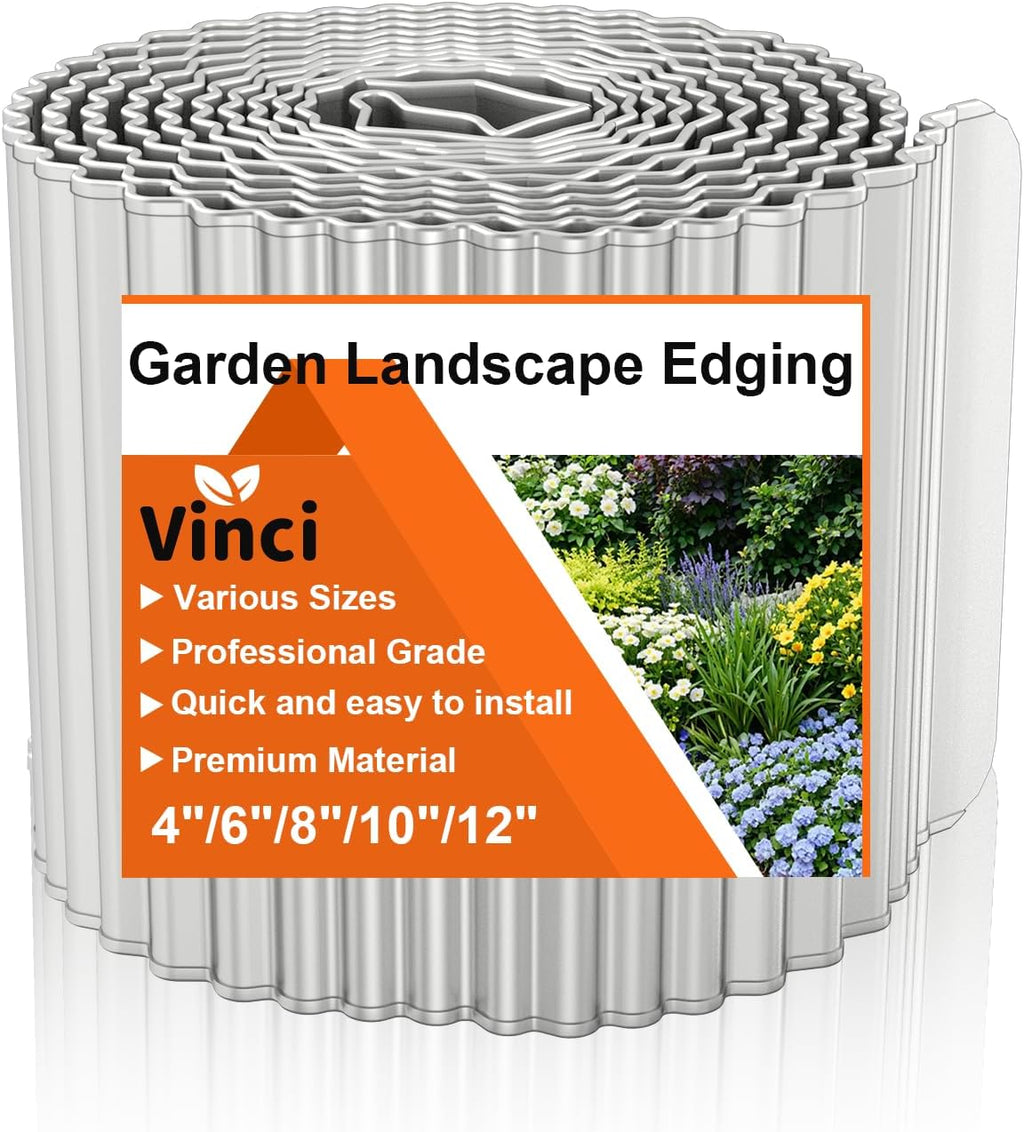 Vinci Garden Landscape Edging Border, 6 Inch x 20 FT Corrugated Sturdy Metal Easy Installation Safe Hemmed Lawn Garden Border Edges for DIY Flower Beds, Pathways and Patio Design (Silver)