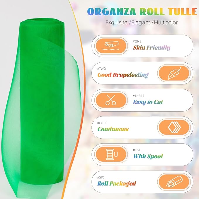 Crystal Organza Fabric Tulle 11 Inch by 50 Yards Sheer Tulle Rolls for DIY Craft Wedding Party Baby Shower Decor Gift Wrapping Party Supplies (Green)