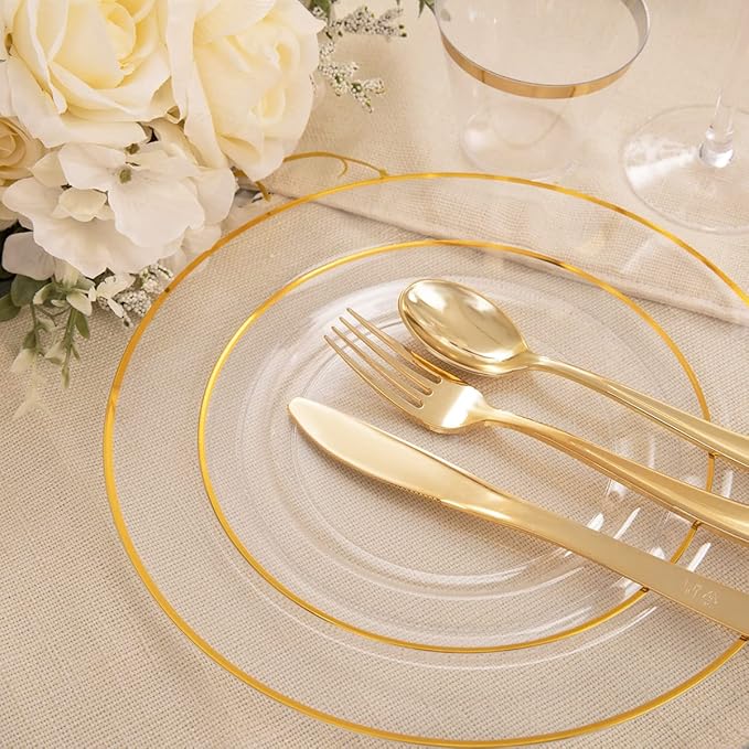 SUT 150 PCS Gold Plastic Plates, Disposable Clear Gold Dinnerware Set with Cups, Includes: 25 Dinner Plates, 25 Dessert plates, 25 Cutlery, 25 Cups, Prefect for Party, Wedding & Shower