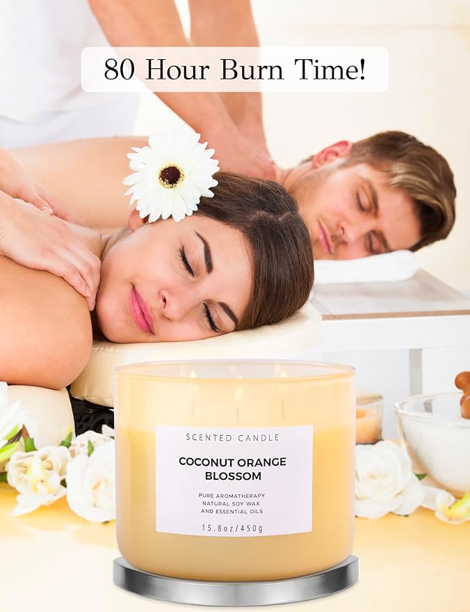 Coconut Orange Blossom 3 Wick Candle | Highly Scented Soy Candles for Home 15.8 oz, Summer & Tropical Scented Candle | Aromatherapy Stress Relief Candle, Relaxing Clean Burning Candles for Women & Men