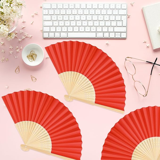 12 Pieces Red Hand Held Bamboo Folding Fans Paper Fans Handheld for Women Foldable Girls Wedding DIY Decoration Church Home Party Favors Summer