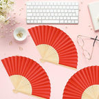 6 Pieces Red Hand Held Bamboo Folding Fans Foldable Paper Fans Handheld for Women Girls Wedding DIY Decoration Church Home Party Favors Summer