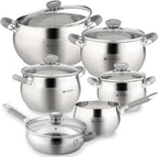 Daniks Modern Frying Pan With Lid Included, 11-Piece Stainless Steel Induction-Compatible Cookware Set, Dishwasher Safe, Heatproof Handles, Glass Lids, Silver