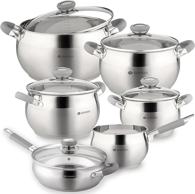 Daniks Modern Frying Pan With Lid Included, 11-Piece Stainless Steel Induction-Compatible Cookware Set, Dishwasher Safe, Heatproof Handles, Glass Lids, Silver