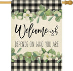 Artofy Welcome-ish Depends on Who You Are Large Decorative House Flag, Funny Family Buffalo Plaid Botanical Yard Garden Outside Decor, Humorous Burlap Outdoor Home Decoration Double Sided 28 x 40