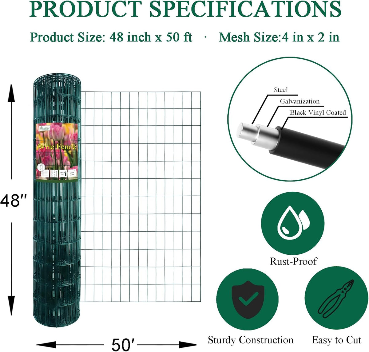 Green PVC Coated Welded Wire Fence 48 Inch x 50 Foot, 2 Inch x 4 Inch 14GA, Garden Border Fencing Roll Vinyl Coating Metal Wire Mesh Hardware Cloth for Yard Vegetable Plant Protection