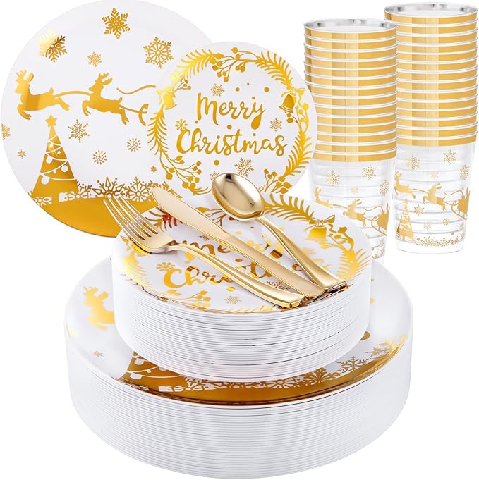 Supernal 150pcs Christmas Plates, Christmas Plastic Dinnerware include Gold Plastic Plates,Gold Plastic Silverware,Gold Plastic Cups, Christmas Party Plates for 25 Guests