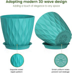 7 inch Plant Pots for Indoor Outdoor Plants, 5 Pack Thick Flower Pots with Drainage Holes and Saucers, 3D Modern Wave Texture Plastic Planter Pots for Nursery and House Plants, Blue Green