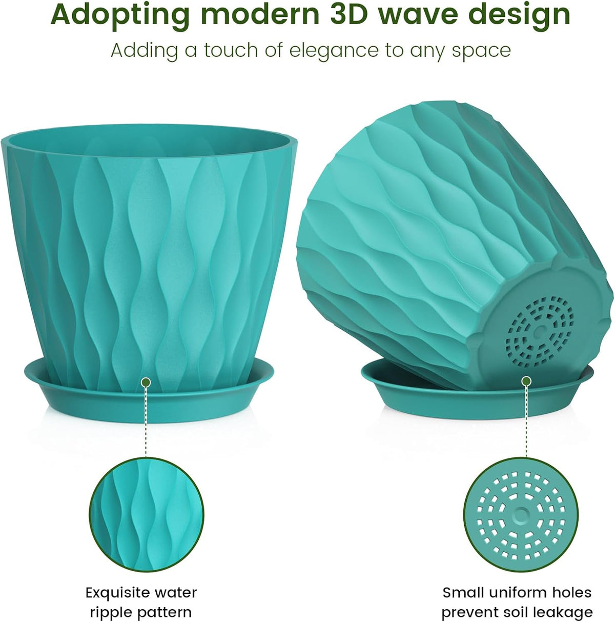 7 inch Plant Pots for Indoor Outdoor Plants, 5 Pack Thick Flower Pots with Drainage Holes and Saucers, 3D Modern Wave Texture Plastic Planter Pots for Nursery and House Plants, Blue Green