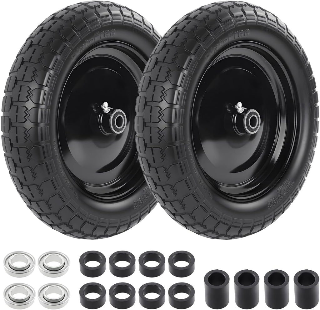 HQPASFY 2 Pack 14.5" Flat Free Tire 4.80/4.00-8 Wheelbarrow Tire and Wheel, 3" Centered Hub, 5/8" & 3/4" Bearings Replacement for Wheelbarrows, Garden Carts, Dump Carts, Lawn Equipment