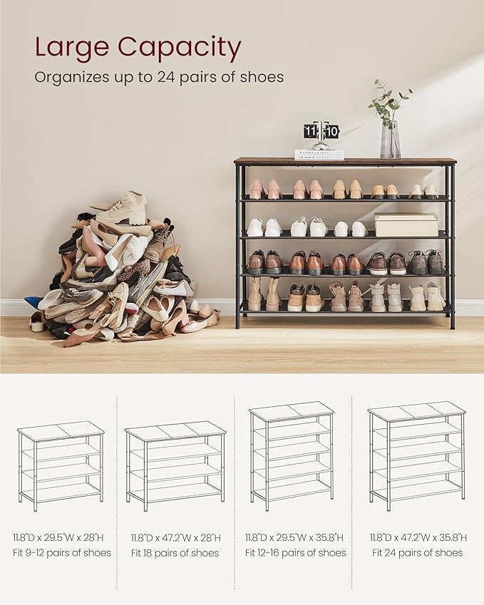 VASAGLE Shoe Rack, 5-Tier Shoe Storage Organizer for Entryway and Closet, Holds 20-24 Pairs of Shoes, 4 Fabric Shelves, Steel Frame, Industrial, Rustic Brown and Black ULBS136B01