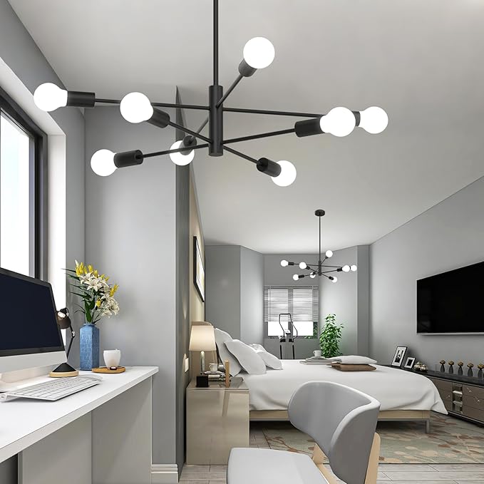 Modern Chandelier Ceiling Light Fixture, 53InchH Sputnik Chandeliers for Dining Room Hanging Light Fixtures Over Table Height Adjustable for Bedroom Kitchen Island Foyer 8-Light Black