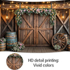 9x6ft Country Wedding Photography Backdrop Rustic Barn Door Photography Backdrop Farmhouse Pink Flower Cabin Wooden Birthday Baby Shower Wedding Bridal Party Banner Photo Booth Props Background