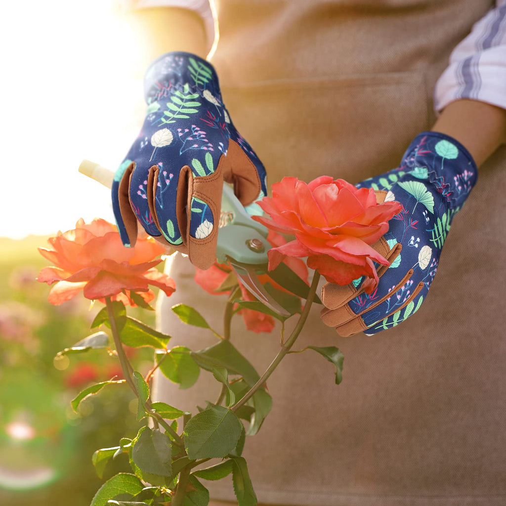 Bamllum Leather Gardening Gloves for Women - Working Gloves for Weeding, Digging, Planting, Raking and Pruning (B-Blue) Medium