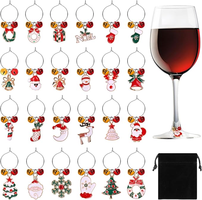 SANNIX 24pcs Christmas Wine Glass Charms - Identification Markers for Stem Glasses, Wine Tasting Party Favors & Holiday Decorations