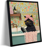 Framed Vintage Cat Canvas Wall Art, Funny Pink Animal Reading Books Painting Picture Print, Cute Kitten Lovers Aesthetic Wall Decor for Nursery Girls Room Bedroom Kids Room 16''L x 12''W