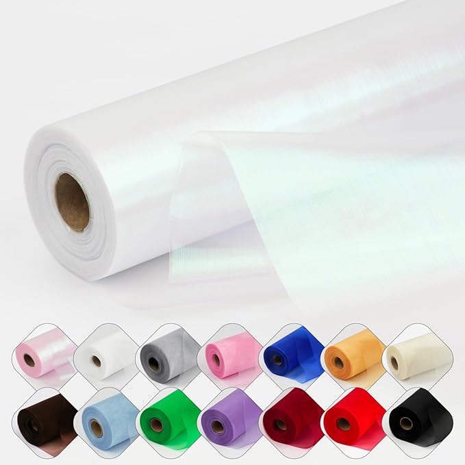 Crystal Organza Fabric Tulle 11 Inch by 50 Yards Sheer Tulle Rolls for DIY Craft Wedding Party Baby Shower Decor Gift Wrapping Party Supplies (Fantasy White)