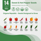 Organo Republic 14 Sweet & Hot Peppers Seeds Variety Pack - 1,030+ Non-GMO Heirloom Pepper Seeds for Outdoor and Indoor Home Gardening, Including Pepper Cayenne, Habanero, Jalapeno, Poblano, Serrano