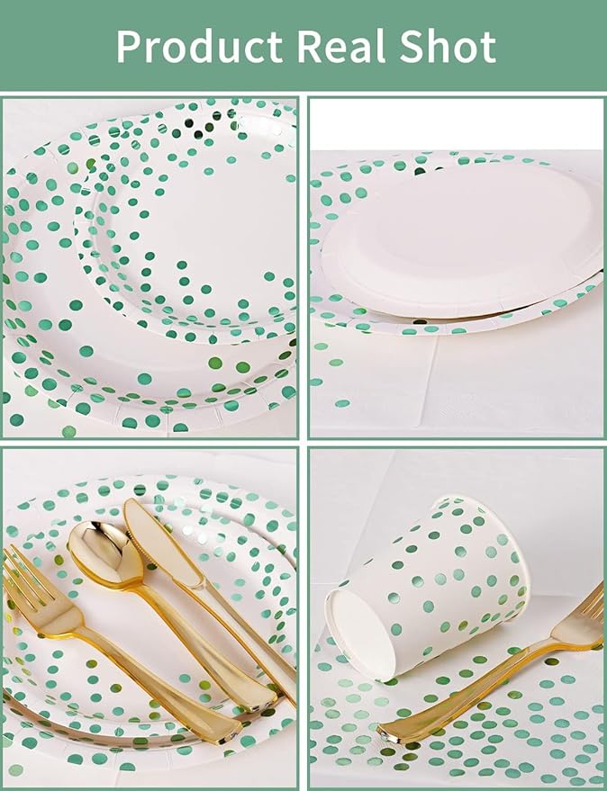 141 Pieces Green Dots Party Supplies, Party Dinnerware Sets Include Paper Plates Napkins Cups Silverware, for Wedding Bridal Shower Engagement Birthday Parties Decoration -20 Serves