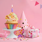 Aimyoo Pink Birthday Wrapping Paper Roll - 17 Inch X 32.8 Feet - Gold Foil Celebration Cake, Balloon, Happy Birthday Lettering Design Gift Wrap for Kids, Baby Showers