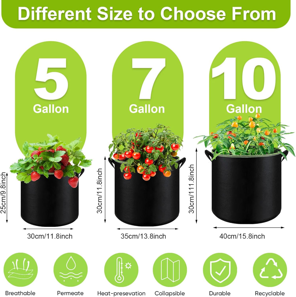 6-Pack 10 Gallon Grow Bags - 300G Heavy Duty Aeration Fabric Pots with Handles,Thickened Nonwoven Planter Bags for Vegetables Flowers Fruits