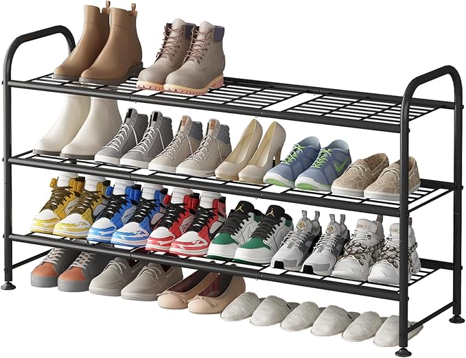 LINZINAR Shoe Rack 3 Tier Long Metal Shoe Organizer for Closet Entryway Black