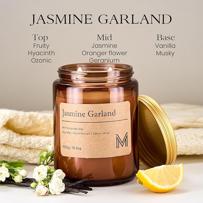 M&SENSE Jasmine Garland Home Scented Candle | 19.4oz, 115-Hour Burn | Natural Organic Soy Wax | Long-Lasting for Stress Relief and Gifting | for Bedroom，Relaxing SPA，Office