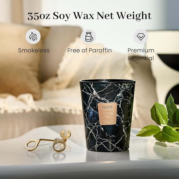 M&SENSE LeatherNight Scented Candles for Home, 3-Wick Highly Scented Jar Candles, Extra Large Candle 35 Oz 150 Hours Long Lasting Burning, Relaxing Aromatherapy Candle for Stress Relief, Meditation