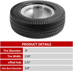 8-Inch Solid Tire Replacement - 2.50-4"Flat Free Tire and Wheel Heavy-Duty for Gorilla Carts, Yard Tractors, Wagons - Replacement Tires with 5/8" Bearings & 2.25" Offset Hub(2 Pack)