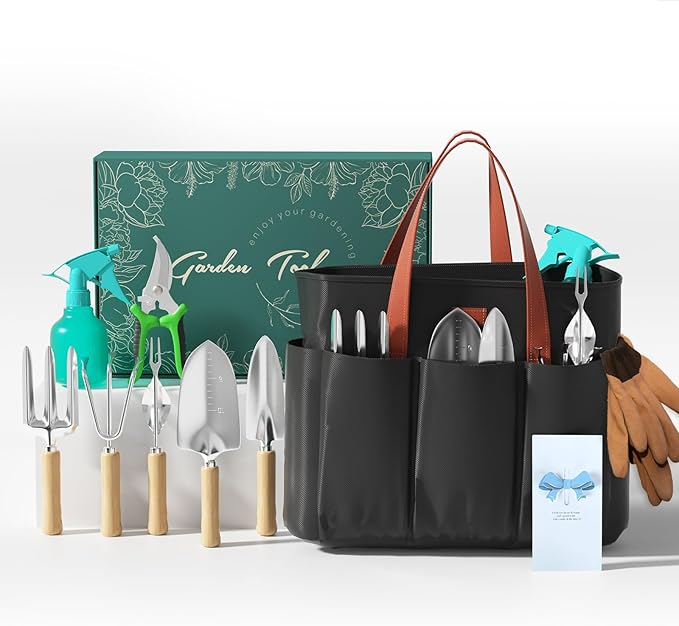 VerdantVibes 9-Piece Garden Tool Set - Heavy Duty Gardening Hand Tools with Ergonomic Non-Slip Grips, Rust-Resistant Shovel, Trowel, Rake, Pruner & Storage Bag - Ideal Gardening Gifts for Women