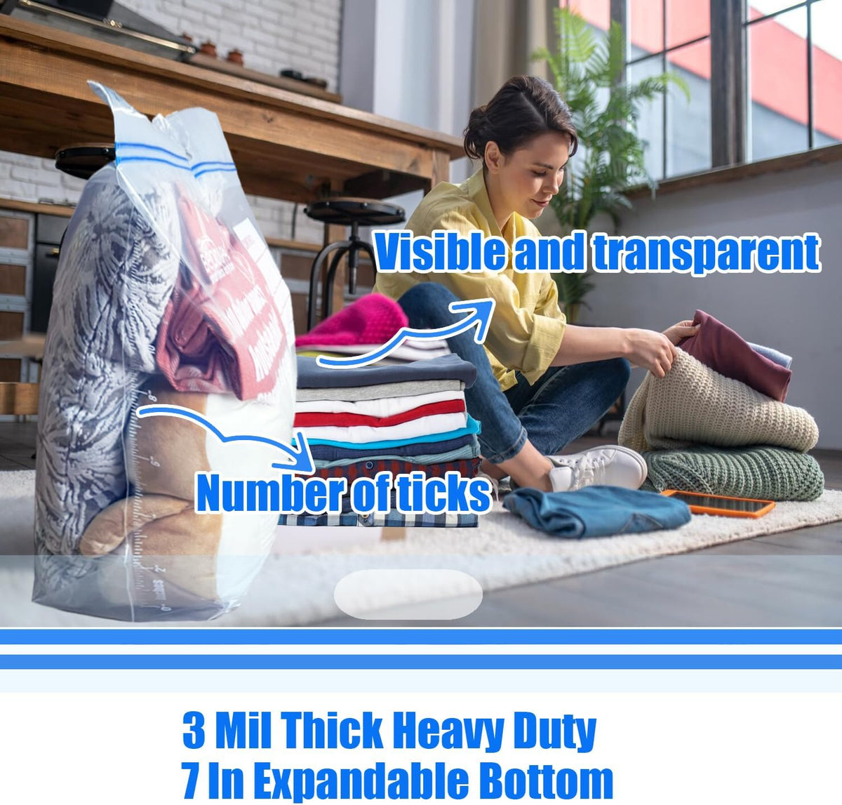10 Gallon Large Storage Bags with Handle, 25 Counts | Double Zipper Seal | Expandable Bottom, Resealable Clear zip Bags