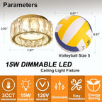 Modern Dimmable LED Luxury Crystal Gold Flush Mount Ceiling Light Fixture,7.87 Inch 15W,3CCT,Mini Round Close to Ceiling Chandelier for Hallway,Kitchen,Laundry Room,Entryway