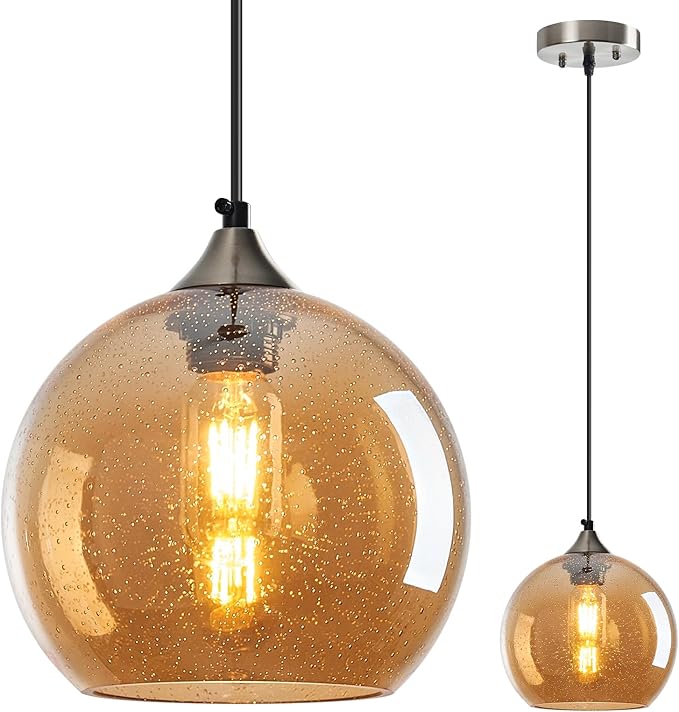 Amber Glass Pendant Lights Kitchen Island Lighting Globe Pendant Light Fixtures Modern Pendant Lighting for Bedroom Living Dining Room Light Fixture (7.87 in, 1 Pack)