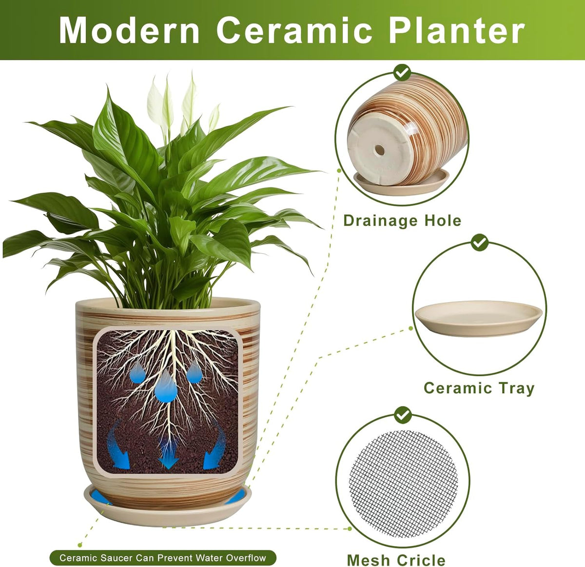 8 Inch Plant Pot, Ceramic Planter for Outdoor Plants, Large Plant Pot Indoor with Drainage Hole and Saucer, Modern Flower Pot for Home Garden Decor Yellow