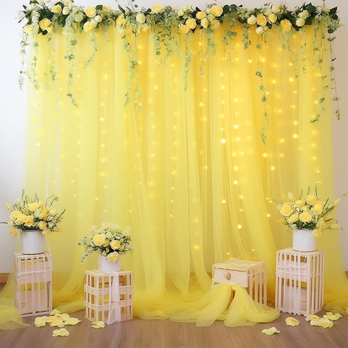 30×10ft Yellow Tulle Backdrop Curtain with Lights String for Parties, Sheer Photo Backdrop Curtains for Wedding Party Photography Background